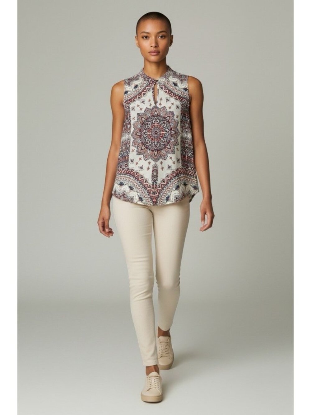 Verse Womens Sleeveless Mandala Print Blouse Split V-Neck Boho Top Size XS